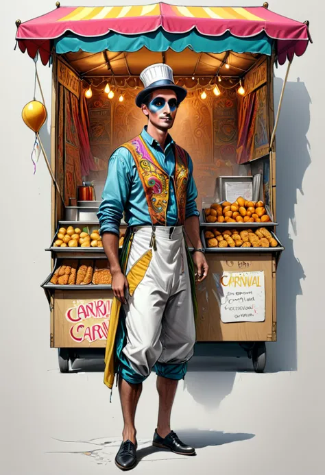 <lora:artfullyCARNIVAL_SDXL_V1:1>, artcrnvl, sketch, drawing, illustration, masterpiece, intricately detailed, best quality, absurd resolution, eyes open, full body, male, food vendor, street clothes,  beautiful color story, concept class, game design, perfect hands ,carnival backdrop, "carnival"