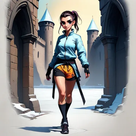 cross, greaves, small breasts, ankle wrap, fruit, black hair, ponytail, watch, glowing eyes, castle, old, smile, shorts, ice, vambraces, outdoors, jacket, dougi