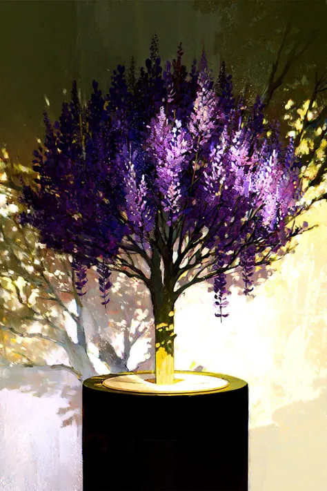still life, scenery, front of caldera, creature, dappled sunlight, wisteria, blooming flowers, plants, trees, melancholic, futuristic theme, fiberoptic, cord, cable, fiber, (transparent:1.1), BREAK best quality, masterpiece, oil painting \(medium\), tkstyle <lora:tkstyle_2:1>