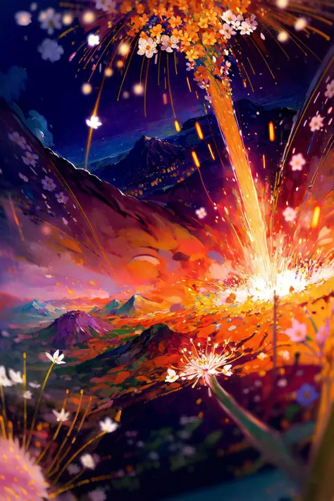 (fiberoptic flower:1.5), scenery, front the crater, mountainside, skyscraper, dandelion fluff, melancholic, lit, (fluorescent, blacklight:1.1), surreal, best quality, masterpiece, oil painting \(medium\), tkstyle <lora:tkstyle_2:0.8> <lora:detail_slider_v4:3>