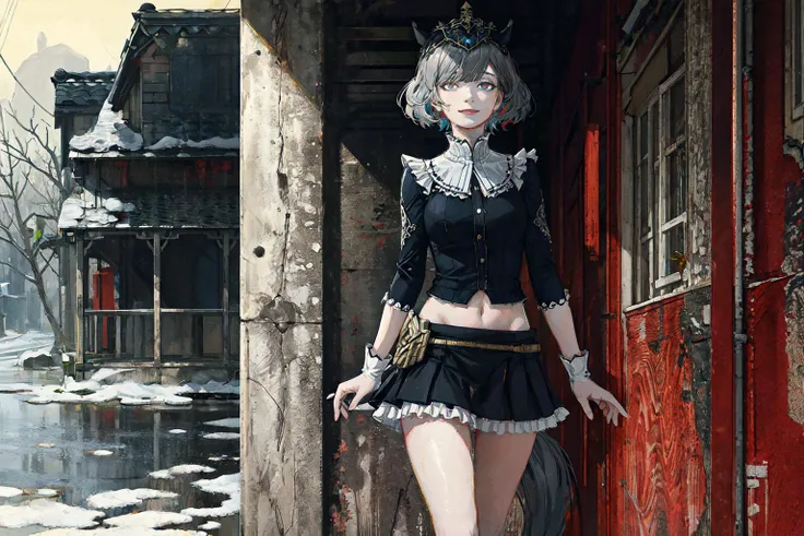 1girl, standing, smile, asymmetrical hair, triangular headpiece, miniskirt, frills, horse, silver gloves, multicolored eyes, scenery, decay interior, falling raindrop, painting \(medium\), tkstyle, best quality, warm coloring, masterpiece <lora:tkstyle_2-anime:1>