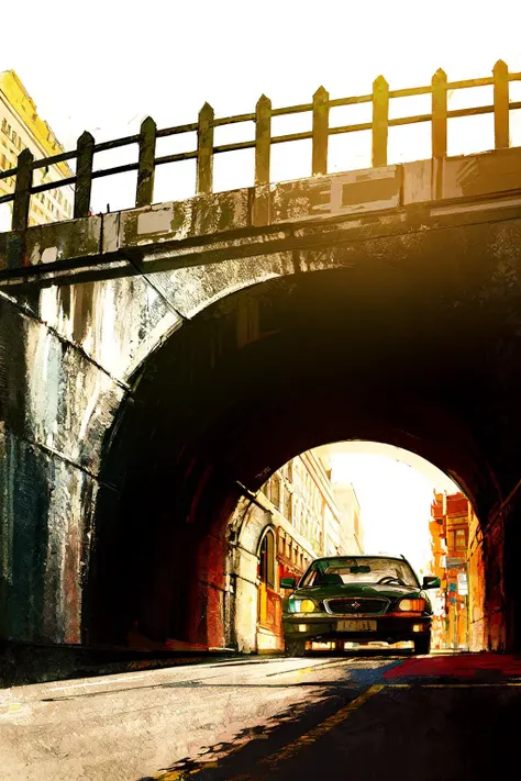 best quality, 1girl, mature female, long hair, messy hair, heterochromia, metro, sitting above vehicle, indian style, (tunnel:1.3), european architecture, black sash, evil smile, intricate lace, dark theme, best quality, masterpiece, oil painting \(medium\), tkstyle <lora:tkstyle_2:0.8>