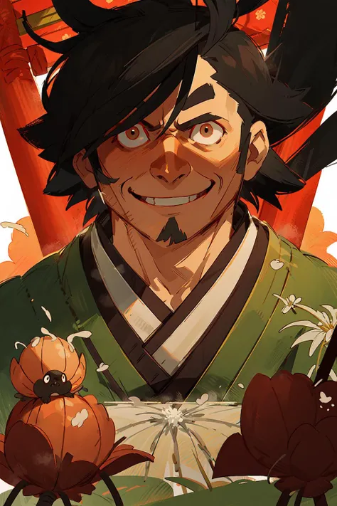 1 middle-aged man, scenery, (smile, raised eyebrows:1.3), torii, portrait, katana, (kimono, samurai, spider lily, manjusaka:1.1), blooming flowers, dappled sunlight, melancholic, sweatdrop, steam, dark theme, BREAK best quality, muscular male, masterpiece, black hair, arm hair, hairy chest, multicolored eyes, oil painting \(medium\), tkstyle <lora:tkstyle_2:0.8>