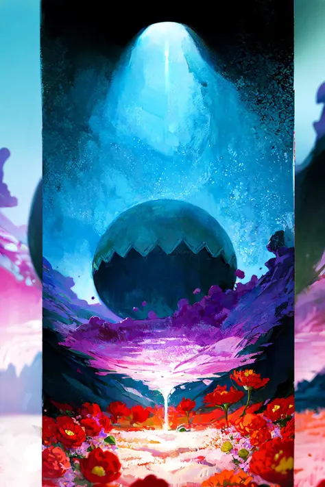 scenery, front the crater, mountainside, monster plant, ranunculus, sunlight, melancholic, fiberoptic flower, lit, (fluorescent, blacklight:1.1), surreal, best quality, masterpiece, oil painting \(medium\), tkstyle <lora:tkstyle_2:0.8>