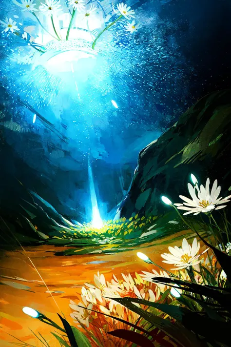(fiberoptic flower:1.4), scenery, front the crater, mountainside, monster plant, dandelion fluff, sunlight, melancholic, lit, (fluorescent, blacklight:1.1), surreal, best quality, masterpiece, oil painting \(medium\), tkstyle <lora:tkstyle_2:0.8>