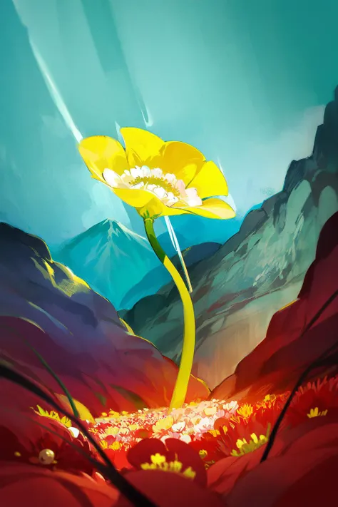 scenery, front the crater, mountainside, monster plant, ranunculus, sunlight, melancholic, fiberoptic flower, lit, (fluorescent, blacklight:1.1), surreal, best quality, masterpiece, oil painting \(medium\), tkstyle <lora:tkstyle_2:0.8>
