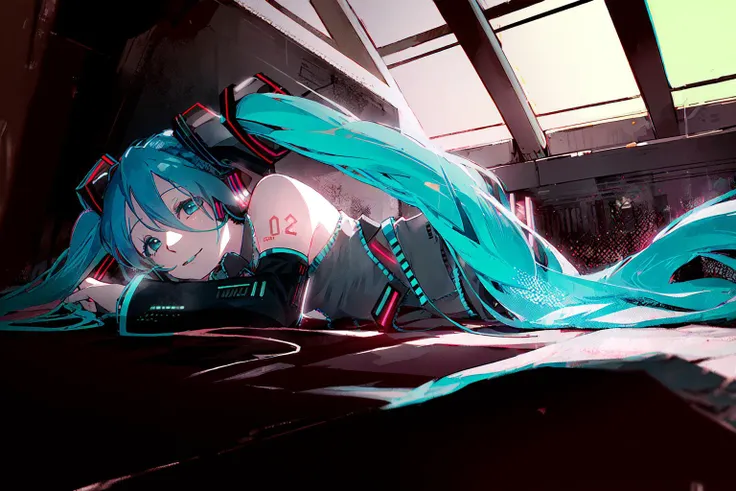 (1girl, hatsune miku:1.3), best quality, lying on side, wired charging, exoskeleton, analog battery indicator, futuristic lab, translucent material building, element specimen, dark chamber, oil painting \(medium\), scenery, tkstyle, extremely detailed, masterpieces <lora:tkstyle_2:0.9>