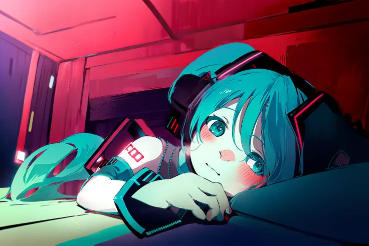 Lively anime style、cyberpunked、Interior with red, green, and blue tones、Beautiful girl with light pink hair、Dress appearance、Lying in bed、pc wallpaper