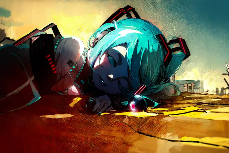 (1girl, hatsune miku:1.3), best quality, lying on side, blush, wired charging, exoskeleton, analog battery indicator, futuristic lab, translucent material building, element specimen, dark chamber, oil painting \(medium\), scenery, tkstyle, extremely detailed, masterpieces <lora:tkstyle_2:1>