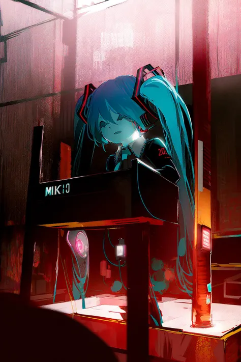 (1girl, hatsune miku:1.3), best quality, sitting, analog battery indicator, futuristic lab, translucent material building, element specimen, microscope, dark chamber, oil painting \(medium\), scenery, tkstyle, extremely detailed, masterpieces <lora:tkstyle_2:1>