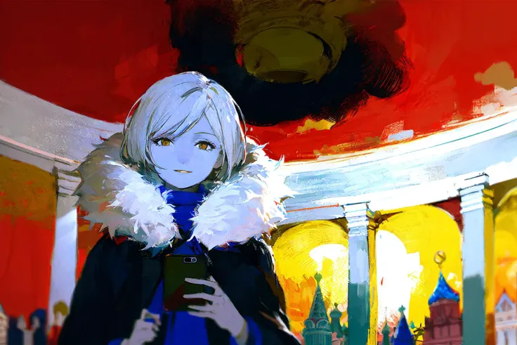 best quality, 1girl, scenery, upper body, talking on phone, white hair, short hair, messy hair, (moscow metro, ceiling, fisheye, underground:1.2), traditional architecture, scarf, solo, smile, intricate coat, fur coat, colorful theme, oil painting \(medium\), tkstyle, extremely detailed, masterpieces <lora:tkstyle_2:0.9>