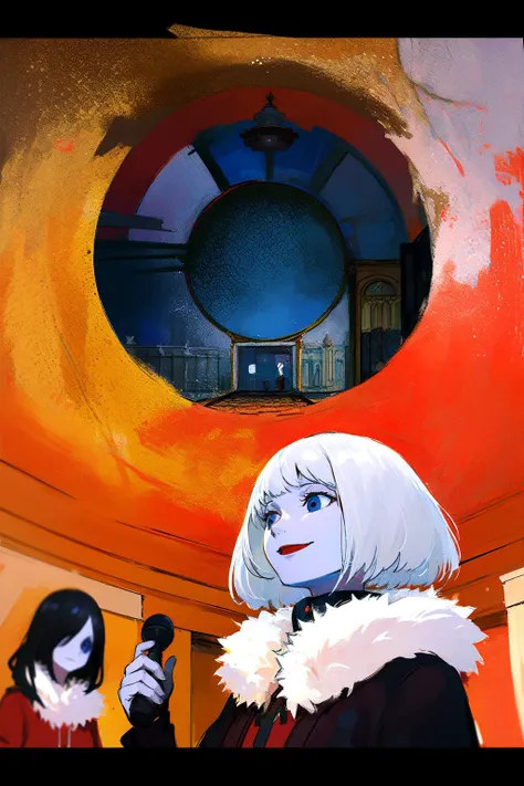 best quality, 2girls, scenery, upper body, talking on others, white hair, short hair, messy hair, (moscow metro, ceiling, train, fisheye, underground:1.2), traditional architecture, scarf, solo, smile, intricate coat, fur coat, colorful theme, oil painting \(medium\), tkstyle, extremely detailed, masterpieces <lora:tkstyle_2:0.9>