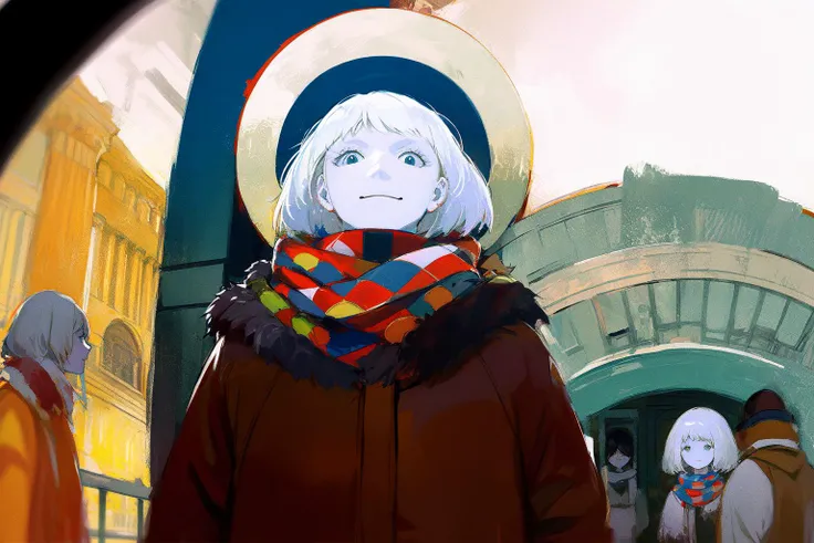 best quality, 2girls, scenery, upper body, talking to peoples, white hair, short hair, messy hair, (moscow metro, ceiling, train, fisheye, underground:1.2), traditional architecture, scarf, solo, smile, intricate coat, fur coat, colorful theme, oil painting \(medium\), tkstyle, extremely detailed, masterpieces <lora:tkstyle_2:0.9>