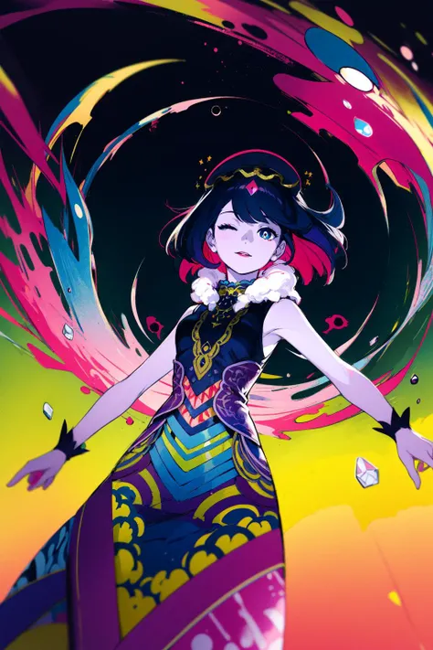 (1girl, lsd, psychedelic coloring, archway of forking paths, floating:1.3), scenery, one eye closed, elegant dress, topaz, gemstone, short hair, bright pupils, from below, black hair, iridescent gradient shorts, BREAK best quality, detailed background, masterpiece, tkstyle, oil painting \(medium\) <lora:tkstyle_2:0.7>