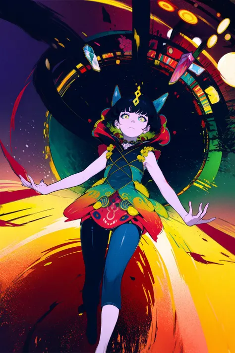 (1girl, recurring image, psychedelic coloring, archway of forking paths, floating:1.3), scenery, frown, elegant dress, topaz, gemstone, short hair, bright pupils, black hair, iridescent gradient shorts, BREAK best quality, detailed background, masterpiece, tkstyle, oil painting \(medium\) <lora:tkstyle_2:0.8>