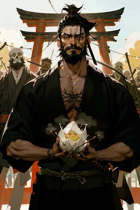 1 middle-aged man, scenery, smile, ^o^, torii, holding katana, katana, (kimono, samurai, spiderlily, manjusaka:1.1), blooming flowers, dappled sunlight, melancholic, sweatdrop, steam, skeleton, BREAK best quality, muscular male, masterpiece, black hair, arm hair, hairy chest, multicolored eyes, beard, sideburns, oil painting \(medium\), tkstyle <lora:tkstyle_2-anime:1>