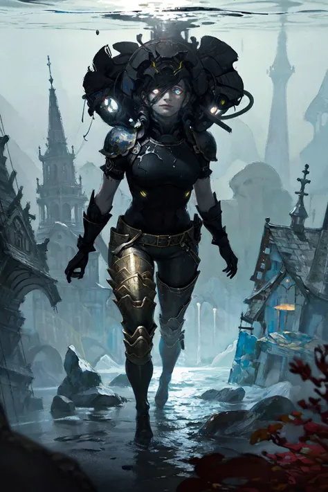 1girl, standing, from above, overhead shot, smile, asymmetrical hair, hair extensions, metallic pants, pauldrons, gloves, glowing eyes, scenery, melancholic, depression, underwater, decay towers, falling raindrop, outdoors, oil painting \(medium\), tkstyle, best quality, vivid coloring, masterpiece <lora:tkstyle_2-anime:1>