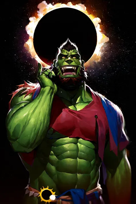 (orc, green skin:1.1), 1boy, manly, fangs, upper body, beard, (smile, open mouth, hand on own cheek, starry sky, solar eclipse, mohawk:1.3), depth of field, golden armor, scar, pubic hair, mature male, loincloth, bulge, (muscular male:1.3), large pectorals, bara, orange eyes, catastrophe, decay dome, fisheye, sunken building, scenery, (oil painting \(medium\), tyndall effect, horror \(theme\), dark theme, tkstyle:1.1), best quality, masterpiece <lora:weight_slider_v2:1.1> <lora:tkstyle_2:0.8>