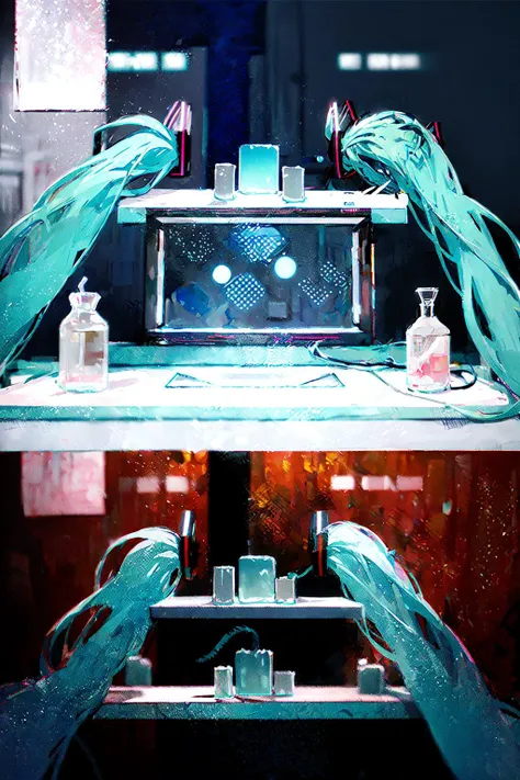 (1girl, hatsune miku:1.3), best quality, scenery, sitting on chair, analog battery indicator, futuristic lab, translucent material building, element specimen, microscope on table, dark chamber, oil painting \(medium\), tkstyle, extremely detailed, masterpieces <lora:tkstyle_2:1>