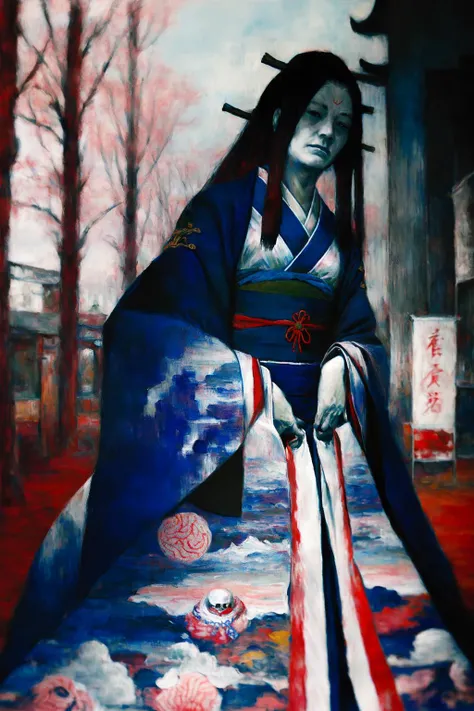 oiran woman, looking away, intricate blue kimono, kyoto townscape, (perspective, very long hair:1.4), facial mark, dutch angle, kanzashi, monster, (colorful, depth of field, dark, shade, scenery, oil painting \(medium\), horror \(theme\), painting \(medium\), tkstyle:1.2) <lora:tkstyle_2:1>