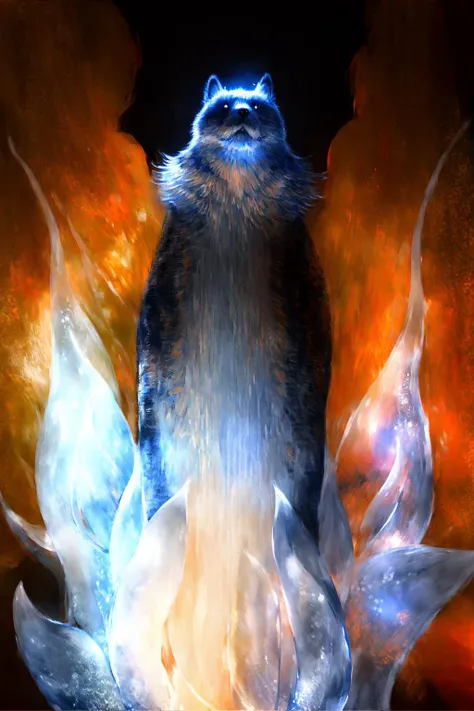 shiba inu emerging from candle flame, lighting fiberoptic hair, japanese armor covered with transparent glowing ice, shade contrast, masterpiece, best quality, oil painting \(medium\), dark, horror \(theme\), painting \(medium\), tkstyle <lora:tkstyle_2:1>