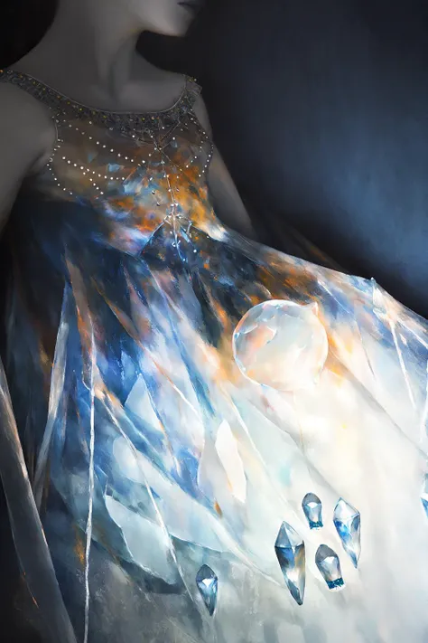 candlelit, string lights, doll, (dress studded with translucent glowing ice:1.2), masterpiece, best quality, oil painting \(medium\), dark, horror \(theme\), painting \(medium\), tkstyle <lora:tkstyle_2:1>