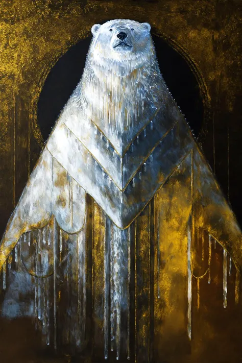 dressed polar bear, golden headpiece, dress covered with transparent glowing ice, aristocrat, masterpiece, best quality, oil painting \(medium\), horror \(theme\), dark, painting \(medium\), tkstyle <lora:tkstyle_2:1>