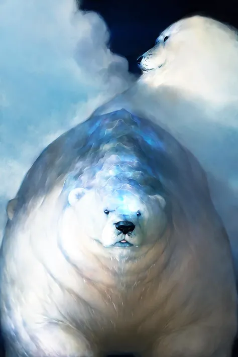 fat polar bear lying on cloud, shirt covered with transparent glowing ice, shade contrast, masterpiece, best quality, oil painting \(medium\), dark, horror \(theme\), painting \(medium\), tkstyle <lora:tkstyle_2:1>