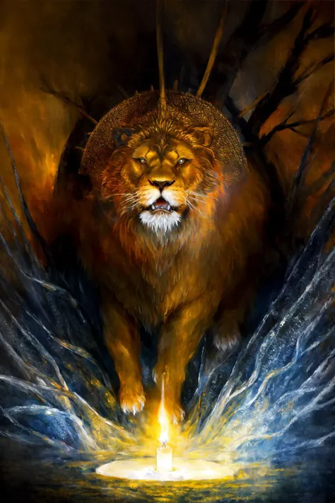 lion emerging from candle flame, english garden, shining fiberoptic, japanese armor covered with transparent glowing ice, masterpiece, best quality, oil painting \(medium\), dark, horror \(theme\), painting \(medium\), tkstyle <lora:tkstyle_2:1>