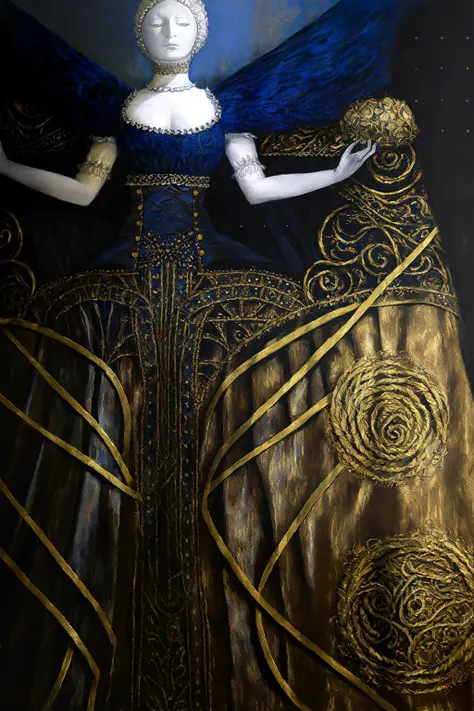 woman, baroque Ball Gowns, Pearl Buttons, Beaded Fringe, Metallic Threadwork Bodices, Pleated Skirt Panels, Muff Hand Warmers, cerulean, wings, masterpiece, best quality, oil painting \(medium\), horror \(theme\), dark, painting \(medium\), tkstyle <lora:tkstyle_2:1>