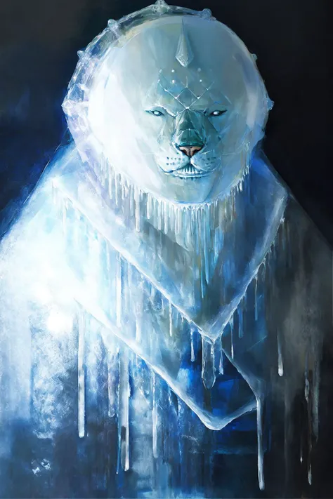dressed polar bear, large headpiece, dress covered with transparent glowing ice, aristocrat portrait, masterpiece, best quality, oil painting \(medium\), horror \(theme\), dark, painting \(medium\), tkstyle <lora:tkstyle_2:1>