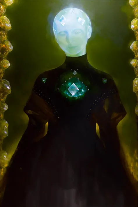 portrait, (dress studded with translucent glowing fluorite:1.2), masterpiece, best quality, oil painting \(medium\), dark, horror \(theme\), painting \(medium\), tkstyle <lora:tkstyle_2:1>