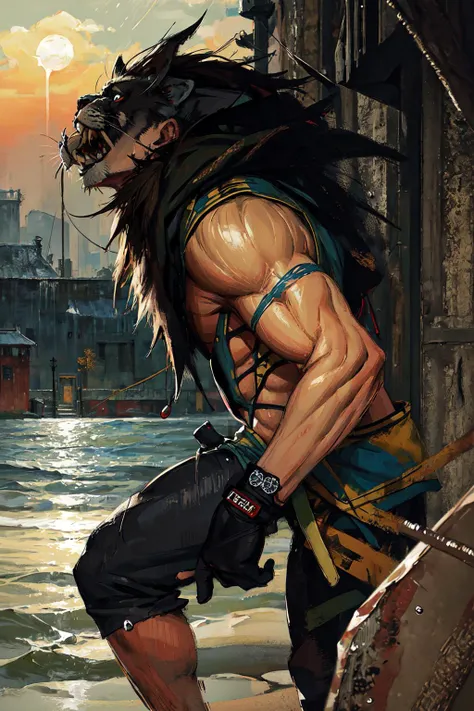 1boy, standing, from side, smile, asymmetrical hair, male swimwear, muscular male, bara, animal, lion, gloves, multicolored eyes, scenery, decay interior, falling raindrop, horror \(theme\), oil painting \(medium\), tkstyle, best quality, warm coloring, masterpiece <lora:tkstyle_2-anime:1>