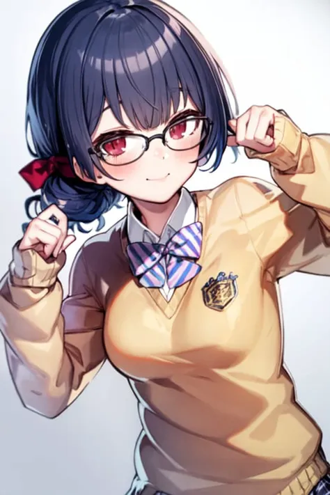 <lora:morino rinze_Loha:1>morino rinze, 1girl, solo, glasses, skirt, smile, bow, striped bow, white background, jacket, simple background, striped, looking at viewer, school uniform, hair bun, blazer, bespectacled, striped bowtie, long sleeves, bowtie, black-framed eyewear, black jacket, pleated skirt, blush, red eyes, white shirt, shirt, blue hair, closed mouth, plaid, hands up, bangs, pink bow, collared shirt, adjusting eyewear, hair bow, plaid skirt, sweater, single hair bun, black skirt, short hair, purple bow, diagonal stripes, pink bowtie, ribbon