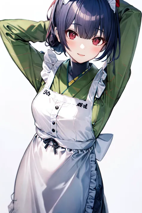 <lora:morino rinze_Loha:1>morino rinze, 1girl, solo, apron, maid headdress, white background, simple background, wa maid, red eyes, looking at viewer, japanese clothes, blush, blue hair, white apron, frills, smile, maid apron, bow, bangs, kimono, hair bow, long sleeves, green kimono, frilled apron, ponytail, maid, arm up, short hair, checkered clothes