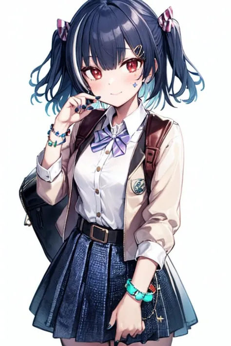 <lora:morino rinze_Loha:1>morino rinze, 1girl, solo, skirt, bow, bag, shirt, blue skirt, white background, red eyes, hair ornament, striped bow, heart, simple background, belt, white shirt, long sleeves, striped, hair bow, bangs, smile, star (symbol), backpack, nail polish, blue sailor collar, hairclip, looking at viewer, closed mouth, jacket, sailor collar, heart hair ornament, facial mark, blush, hand up, blue hair, pleated skirt, collared shirt, blue bow, one side up, black hair, frills, multicolored nails, multicolored hair, frilled skirt, bracelet, streaked hair, v, jewelry, buckle, bowtie, black belt, cowboy shot, belt buckle, open jacket, open clothes, plaid, diagonal stripes, food, star hair ornament, red bow, dress shirt, charm (object), medium hair, school uniform, plaid skirt, shoes, yellow nails