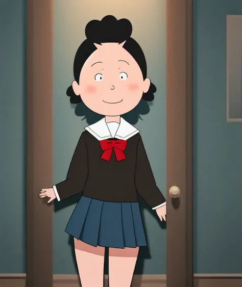 normal quality,cowboy shot,black eyes,i,solo,(big head:1.4),room,school uniform, miniskirt, 
<lyco:Sazae_V2:1.0> <lyco:GoodHands-beta2:1>,