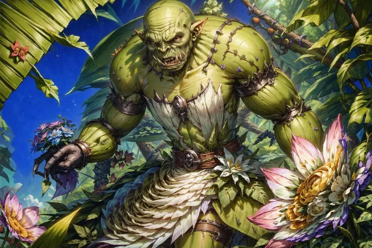 <lora:flat2:-1>, <lora:YFPlantClothes:1.2>, YFPC, leaf dress, flower dress, vegetable dress, <lora:orczor_v4.0:1>, orczor, An orc wearing clothing made of colorful flowers was a kind orc who loved nature. He picked flowers for an elf girl. He did not attack the elf. To repeat, he never attacked the elf.