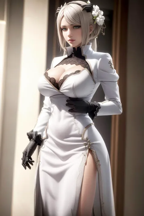 masterpiece, UHD, yorcom, solo, 1girl, detailed, highres, 8k, detailed white hair, detailed skin, masterpiece, realistic, hair ornament, high ponytail, blonde hair, huge breasts, white gloves, dress, side slit, long sleeves, side ponytail, bangs, black eyes, glowing eyes, (breasts squeezed together), cowboy shot, detached sleeves, diagonal bangs, ekao, flower, frills, gloves, hair flower, hair ornament, nier automata <lora:yorhaCommander_v10:0.75>