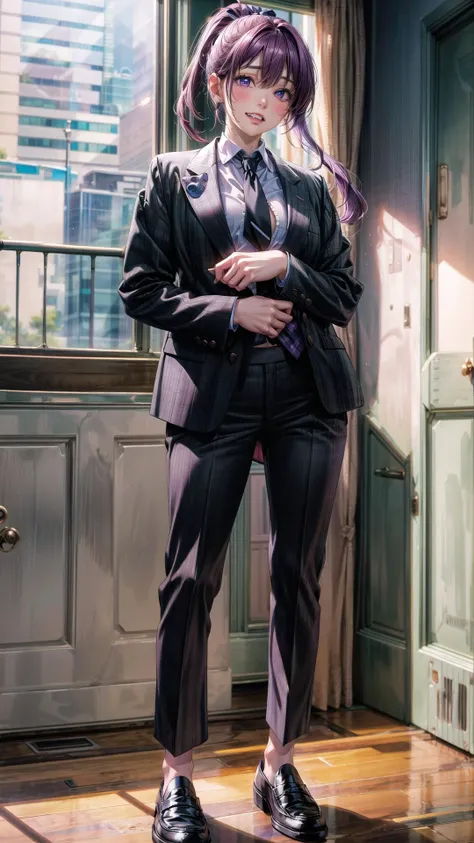 best quality:1.2, masterpiece, Anime screencap, illustration, absurdres, 8k, HDR, intricate details, full-body, volumetric lighting, bright colors, soft glow on face, rose blush, smooth skin, slim body, detailed small breast, clevage, cute face, purple intricate eyes, long ponytail dual color hair with streaks, hairpin, vampire teeth, British skin tone, thick thighs, ultra realistic, ultra-detailed, ray tracing, Suit Jacket, Suit Shirt, White Tie, Suit pants, Brown Loafers, Morning, Bomi,<lora:EMS-179-EMS:0.800000>,<lora:EMS-222469-EMS:1.000000>