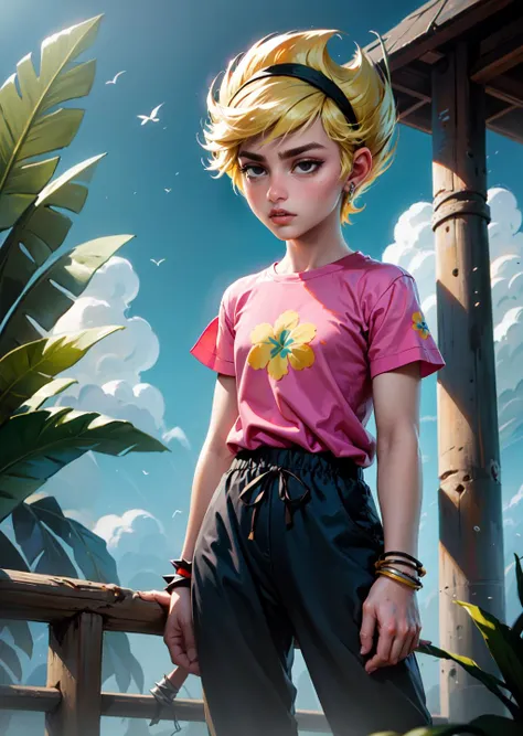 masterpiece, high quality, highres, absurdres, <lora:GoodHands-beta2:0.8>, 
Tropical Mango Style: Opt for a tropical ensemble with mango-toned pants and shirt. Add accessories with tropical details, like bright-colored bracelets and a cap with fruity embroidery.
  <lora:Mandy-10:0.8> mandy, blonde hair, short hair, black eyes, black headband, sharp hair, ,expressionless, dress, 1girl,