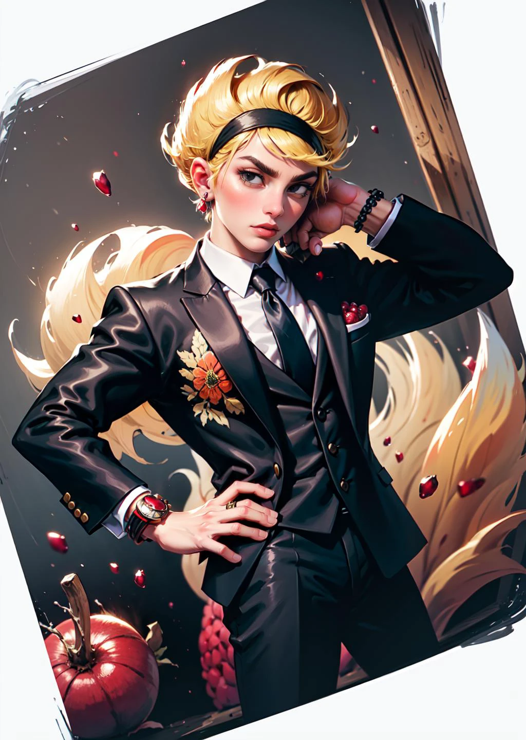 masterpiece, high quality, highres, absurdres, <lora:GoodHands-beta2:0.8>,
Stylish Pomegranate Look: Explore a stylish pomegranate-inspired aesthetic with a dark suit and a deep red shirt. Add accessories like a tie with pomegranate details and cufflinks engraved with pomegranates.
<lora:Mandy-10:0.8> mandy, blonde hair, short hair, black eyes, black headband, sharp hair, ,expressionless, dress, 1girl,