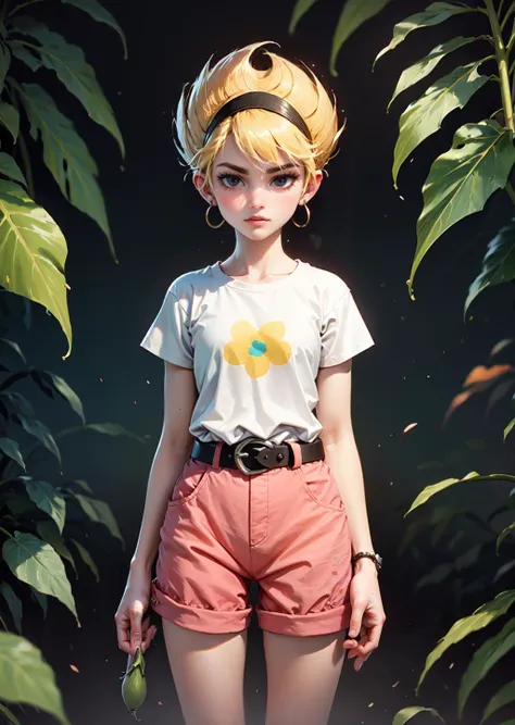 masterpiece, high quality, highres, absurdres, <lora:GoodHands-beta2:0.8>, 
Refreshing Melon Style: Create a refreshing ensemble inspired by melon, with orange shorts and a light green T-shirt. Introduce accessories with melon details, such as a belt with a seed-shaped buckle.
  <lora:Mandy-10:0.8> mandy, blonde hair, short hair, black eyes, black headband, sharp hair, ,expressionless, dress, 1girl,