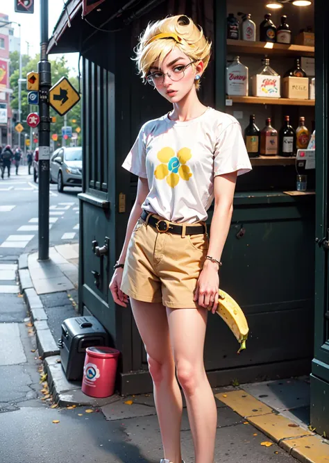 masterpiece, high quality, highres, absurdres, <lora:GoodHands-beta2:0.8>, 
Banana Breezy Casual: Capture the essence of a breezy day with a banana-inspired casual look. Picture beige chinos paired with a light yellow, short-sleeved button-down shirt. Infuse banana details into accessories, like a fun banana-shaped lapel pin and a canvas belt with a whimsical banana pattern. Complete the ensemble with casual sneakers and sunglasses, creating an easygoing, playful style.
  <lora:Mandy-10:0.8> mandy, blonde hair, short hair, black eyes, black headband, sharp hair, ,expressionless, dress, 1girl,