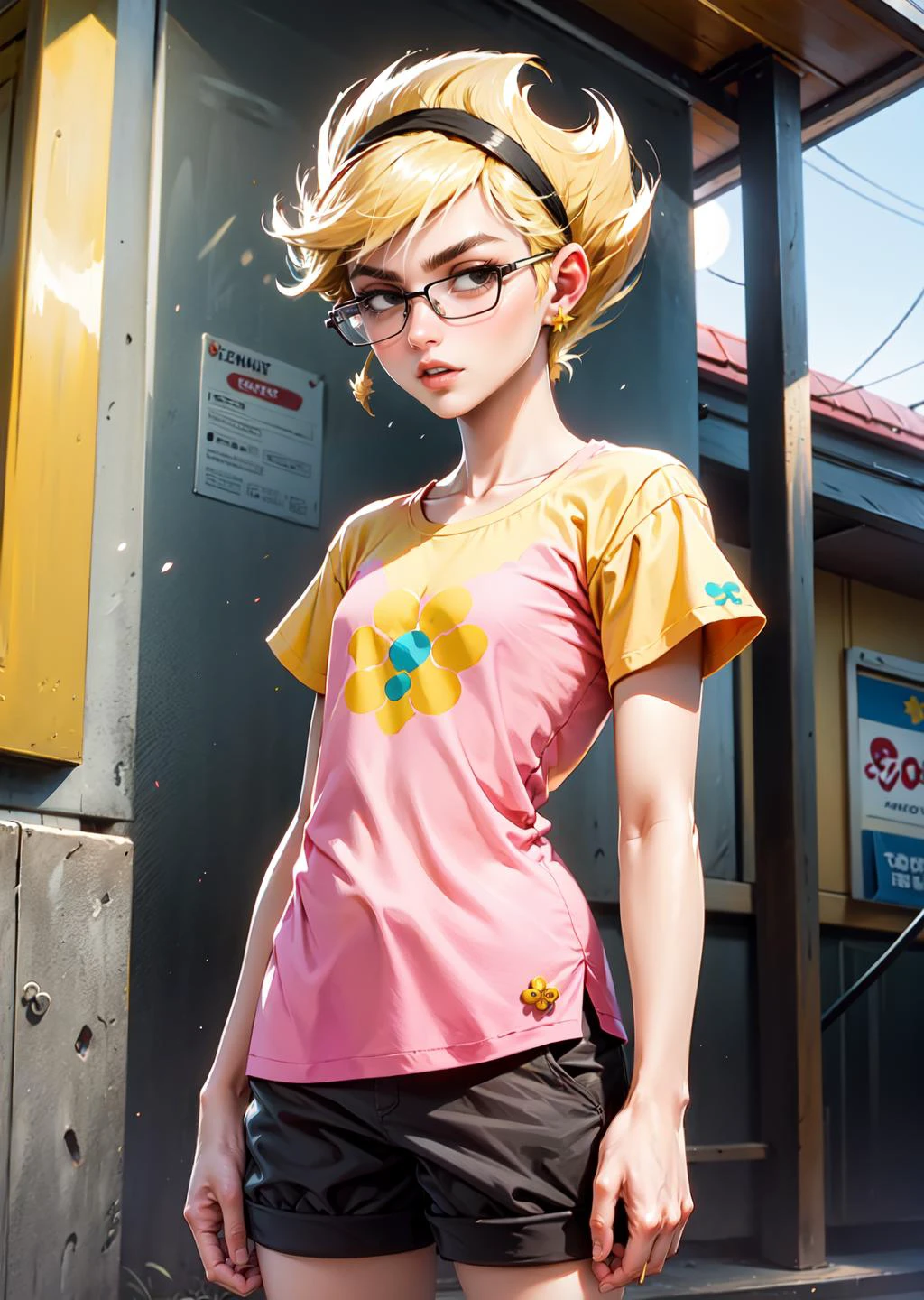 masterpiece, high quality, highres, absurdres, <lora:GoodHands-beta2:0.8>,
Casual Pineapple Style: Go for a casual pineapple-inspired look with brown shorts and a yellow shirt. Introduce pineapple details in accessories, such as a brooch and sunglasses with leaf-shaped frames.
<lora:Mandy-10:0.8> mandy, blonde hair, short hair, black eyes, black headband, sharp hair, ,expressionless, dress, 1girl,