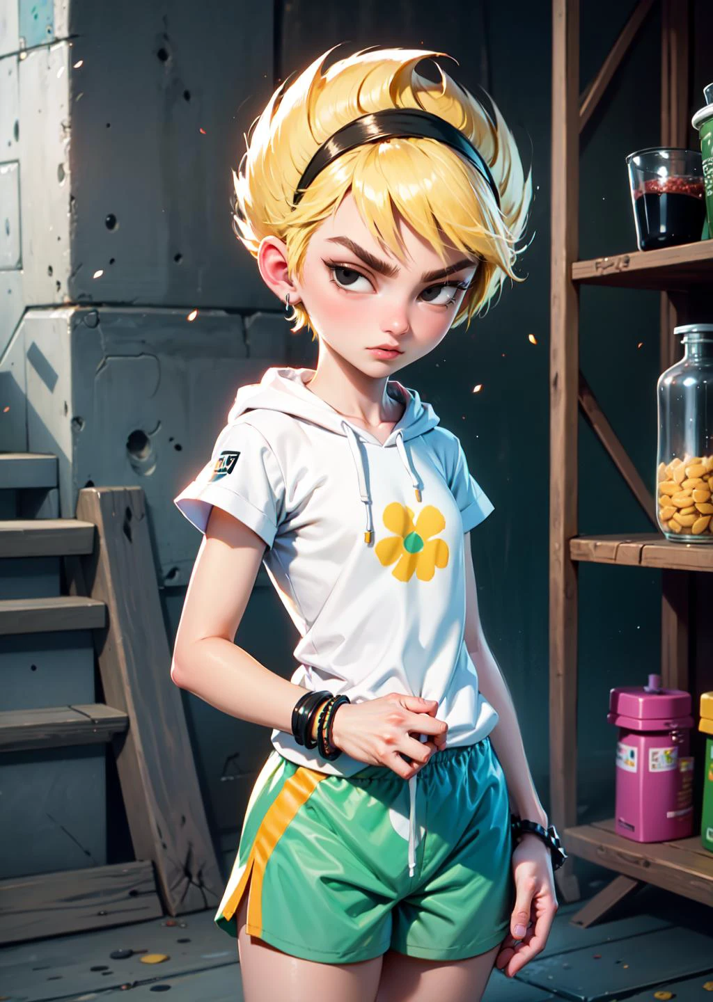masterpiece, high quality, highres, absurdres, <lora:GoodHands-beta2:0.8>,
Sporty Kiwi Style: Design a sporty look inspired by kiwi, featuring green shorts and a white hoodie. Include accessories with kiwi seed details, like a bracelet and matching sneakers.
<lora:Mandy-10:0.8> mandy, blonde hair, short hair, black eyes, black headband, sharp hair, ,expressionless, dress, 1girl,