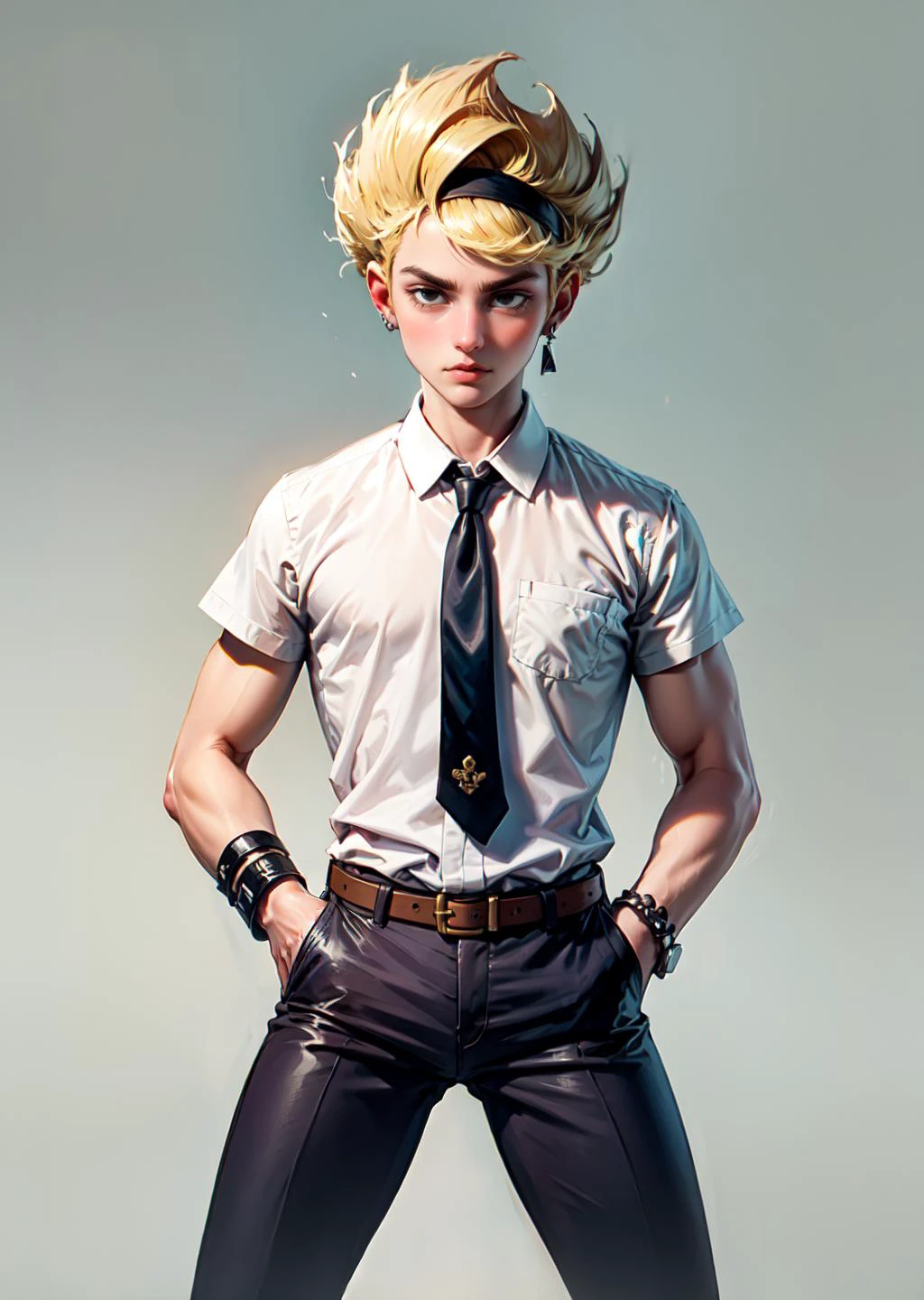 masterpiece, high quality, highres, absurdres, <lora:GoodHands-beta2:0.8>,
Elegant Grape Style: Explore a grape-inspired aesthetic with a dark purple shirt and lighter-toned pants. Include accessories with grape cluster details, such as cufflinks and a unique tie.
<lora:Mandy-10:0.8> mandy, blonde hair, short hair, black eyes, black headband, sharp hair, ,expressionless, dress, 1girl,