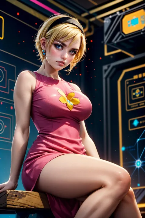 (ultra realistic,32k, masterpiece:1.2),(high detailed skin:1.1),( high quality:1.1),
<lora:Mandy:0.8>mandy,(frown:1.1), blonde hair, pink dress, short hair, black eyes, black headband, sharp hair, mary janes shoes, quantum encryption facility, secure data transmission, unbreakable codes, protecting digital privacy blurry background,, huge breast,large breast,(looking at viewer, sitting, from below:1.1),,<lora:add_detail:0.86>,
(radiant:1.1),