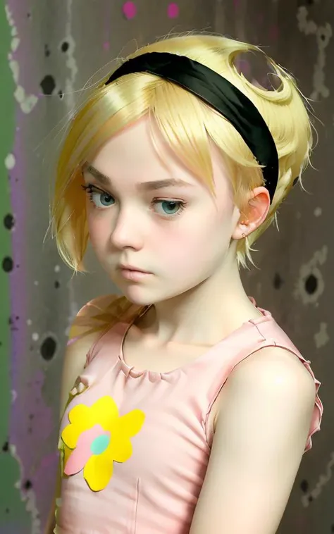 realistic cinematic, full body, girl, young dakfan, mandy cosplay , bored , upset , semi-closed eyes, hateful, eyeshadow, (pink dress:1.1), short hair, blonde hair, (black headband:1.1), dark background, <lora:Dakota Fanning:0.9>, <lora:Mandy-10:0.9>