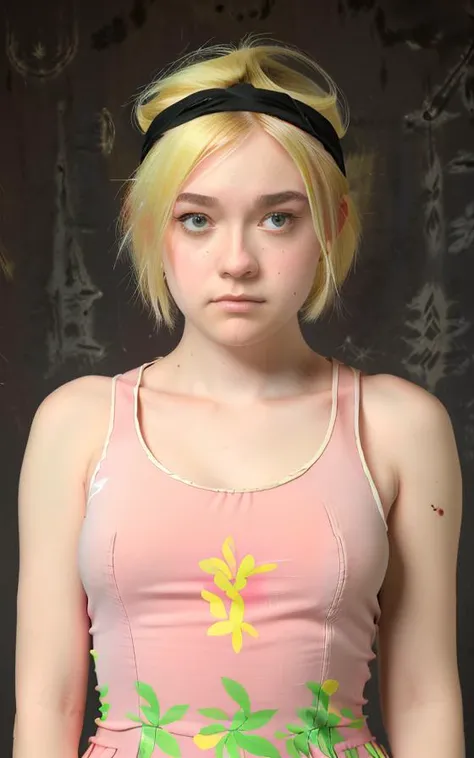 realistic cinematic, full body, girl, young dakfan, mandy cosplay , bored , upset , semi-closed eyes, hateful, eyeshadow, (pink dress:1.1), short hair, blonde hair, (black headband:1.1), dark background, <lora:Dakota Fanning:0.9>, <lora:Mandy-10:0.9>